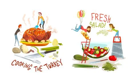 Tiny People Cooking Huge Roasted Turkey and Dressing Fresh Salad with Oil Vector イラスト素材