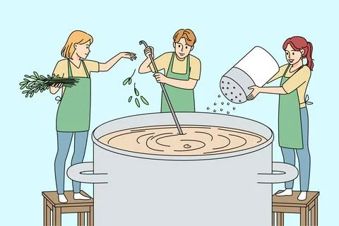 Tiny people cooking pan of soup Stock Illustration