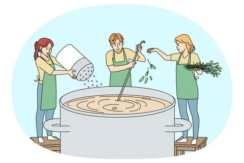 Tiny people cooking pan of soup Stock Illustration