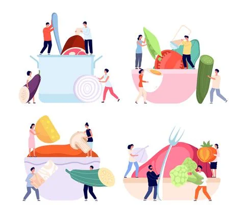 Tiny people cooking. Vegetable foods, cook fresh meal on recipe. Person prepare Illustrazione stock