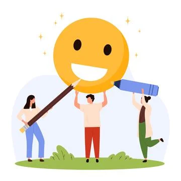 Tiny People Creating Positive Emoji Feedback Art Stock Illustration
