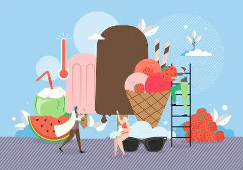 Tiny people decorating ice cream with strawberries, beach woman eating icecream Stock Illustration