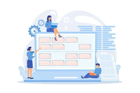 Tiny people developers at laptop and customer requirements. Software requir.. Stock Illustration