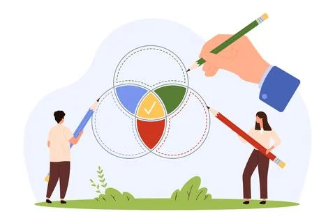Tiny People Drawing Venn Diagram Concept 스톡 일러스트