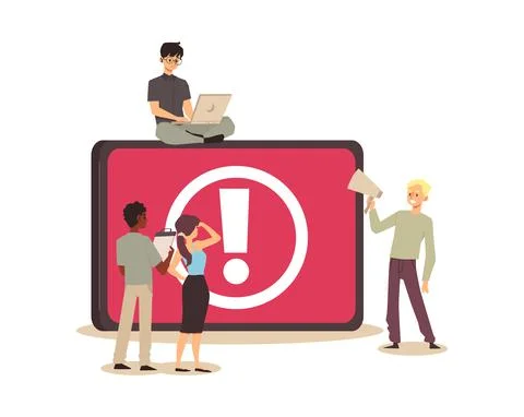 Tiny people examining operating system error or failure warning on website Stock Illustration