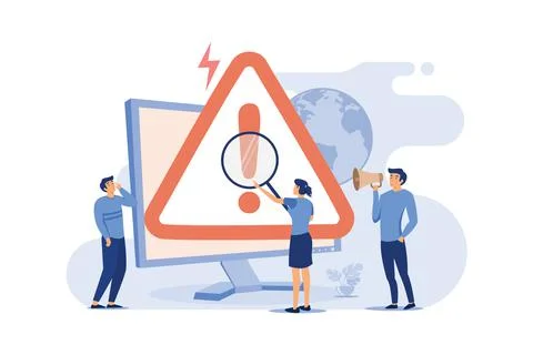 Tiny people examining operating system error warning on web page isolated fla Stock Illustration