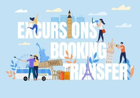 Tiny People on Excursion Booking Transfer Text Stock Illustration