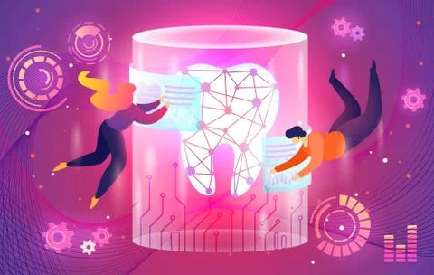 Tiny People Fly Around of Huge Holographic Tooth. Stock Illustration