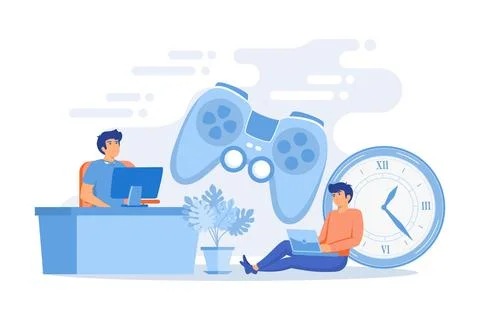 Tiny people gamers playing online video game, huge joystick and clock. Gami.. Stock Illustration