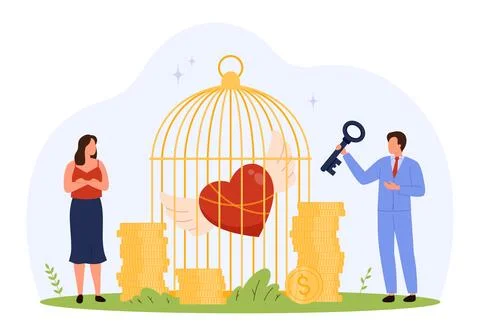 Tiny people golden cage materialistic love Illustrazione stock