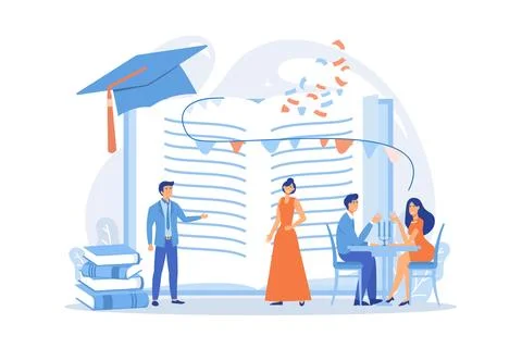 Tiny people high school students in dresses and suits chatting at promenade.. Illustrazione stock