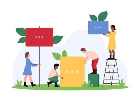 Tiny people hold banner, protest poster and billboard to show important Illustration