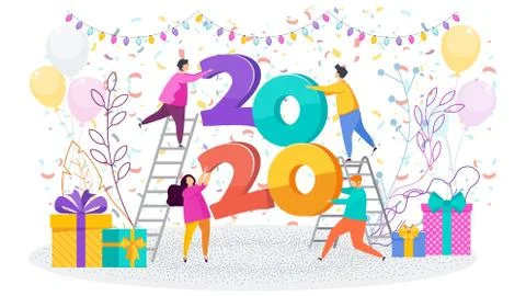 Tiny people hold huge numbers. 2020 greeting card. Illustrazione stock