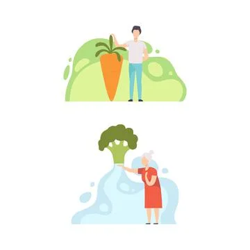 Tiny People Holding Huge Vegetables, People Harvesting Carrot and Broccoli Stock Illustration