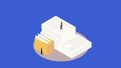 Tiny people with huge pile of documents 3d animation in 4K UHD 3840x2160 Stock Footage 231092952