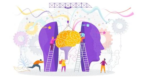 Tiny people insert a brain into a human head. Stock-Illustration