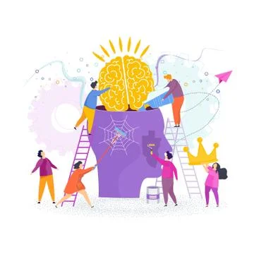 Tiny people insert brain into person head, clean it. Ilustración de archivo