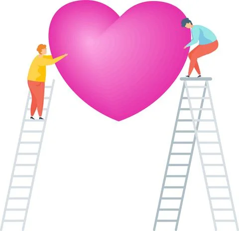 Tiny people insert a heart into a human head. Illustrazione stock