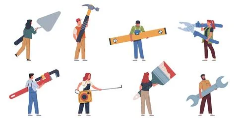 Tiny people with instruments. Craftsmen in work clothes hold various repair and Illustrazione stock