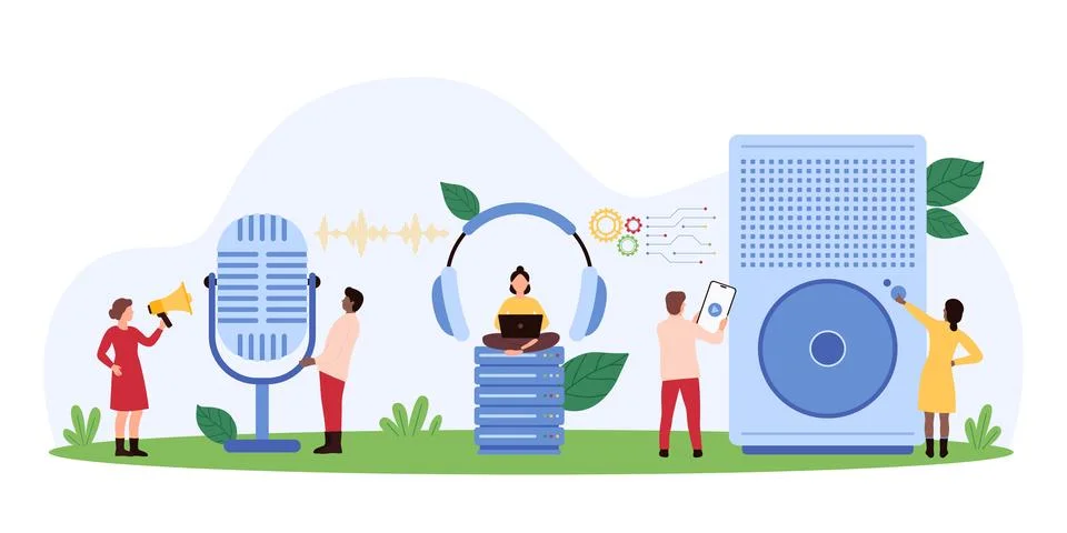 Tiny people involved in audio recording concept Stock Illustration