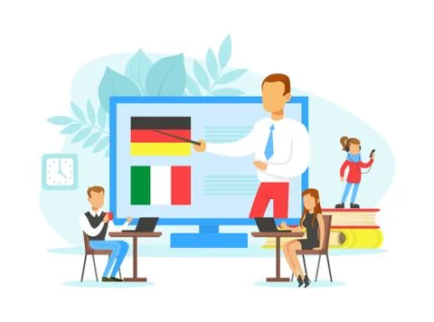 Tiny People Learning Language, Online Education Technology, Language School Flat Stock Illustration