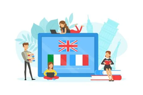 Tiny People Learning Language over Internet, Online Language School Flat Vector Stock Illustration