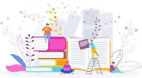 Tiny people in the library read books. Stock Illustration