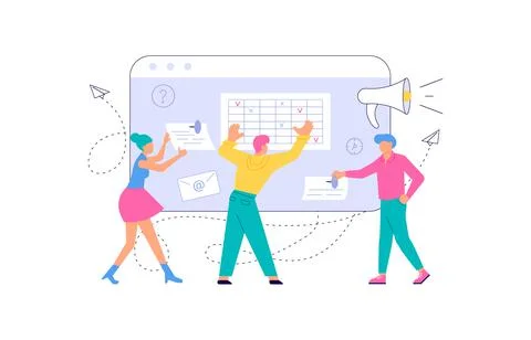 Tiny people make an online schedule in the tablet Illustrazione stock