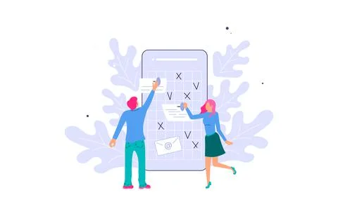 Tiny people make an online schedule in the mobile application Illustrazione stock