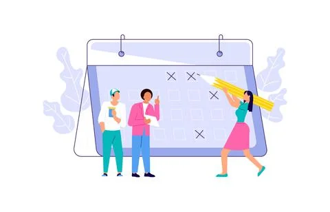 Tiny people make an online schedule in the huge calendar Stock Illustration