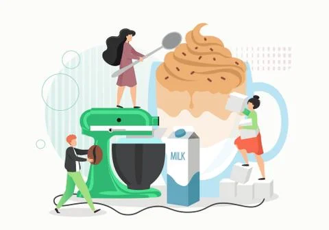 Tiny people making dalgona coffee drink, vector flat illustration Stock Illustration