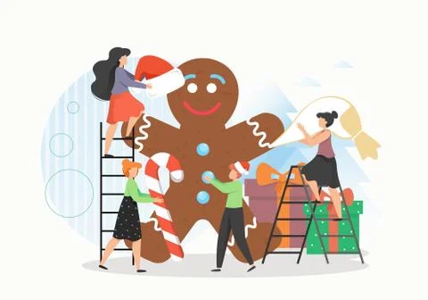 Tiny people making giant gingerbread man, flat vector illustration. Biscuits and Stock Illustration