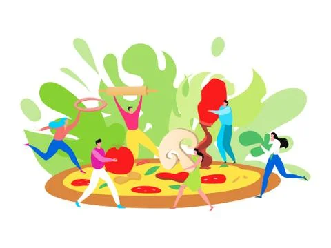 Tiny people making pizza, cooking concept, cartoon characters teamwork together Ilustração Stock