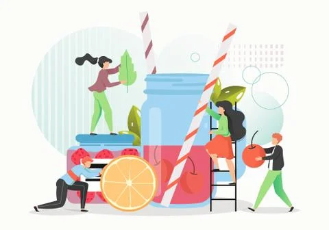 Tiny people making summer fruit cocktail, vector flat illustration Stock Illustration