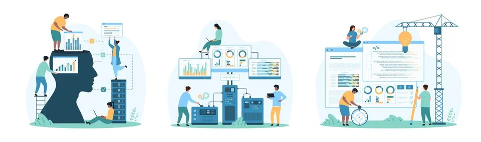 Tiny People Managing AI Data Systems Illustrazione stock