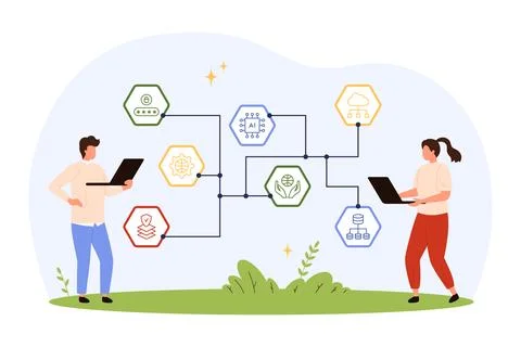 Tiny People Managing IT Project Workflow Diagram Stock Illustration