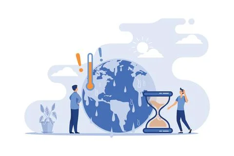 Tiny people with melting planet in background. High temperature and hot wea.. Illustrazione stock