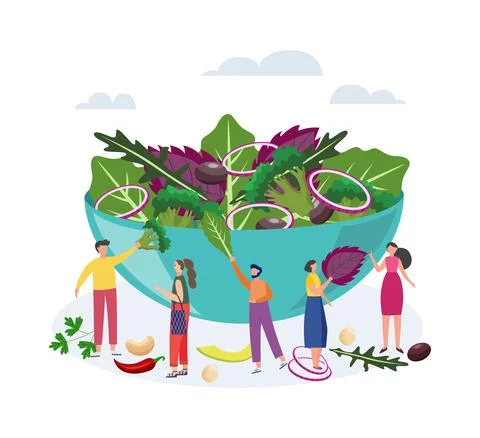 Tiny people next to bowl with vegetable salad flat vector illustration isolated. 库存插图