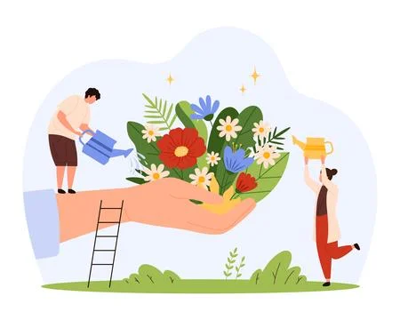Tiny People Nurturing Growth in Hand Concept Illustrazione stock