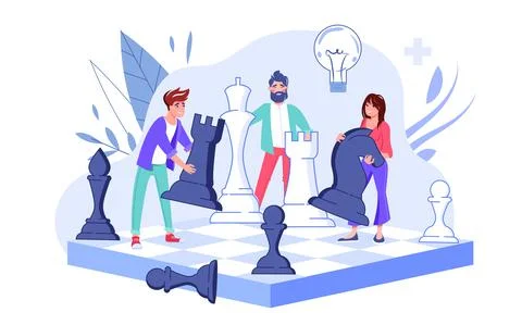 Tiny people playing chess on board develop strategy Stock Illustration