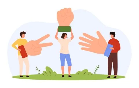 Tiny People Playing Rock Paper Scissors Game Stock-Illustration
