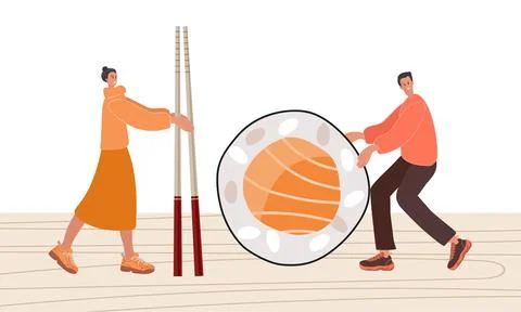 Tiny people preparing sushi on table. Tiny woman carries chopsticks, man rolling Stock Illustration