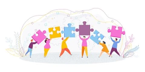 Tiny people put the pieces of the puzzle together. Stock Illustration