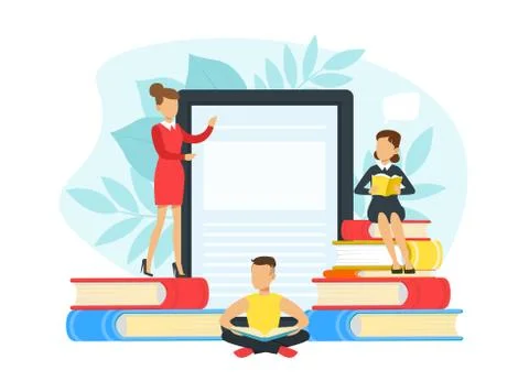 Tiny People Reading Books, Digital Library, Education, Knowledge, Studying and Stock Illustration