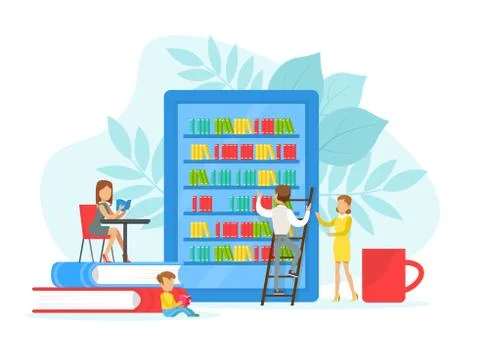 Tiny People Reading Books in Library, Education, Knowledge, Studying and 스톡 일러스트
