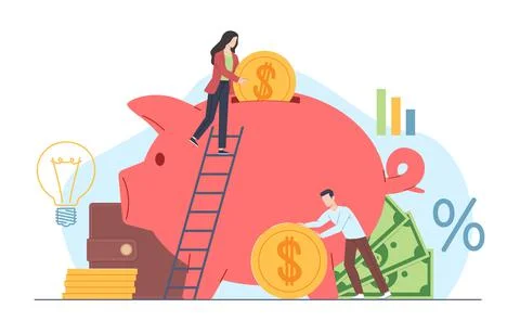Tiny people saving money. Man and woman make financial saving, big piggy bank Stock Illustration