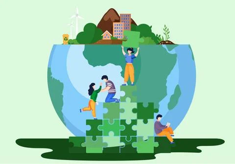 Tiny people saving world ecology. Characters climb the green mountain from Stock Illustration