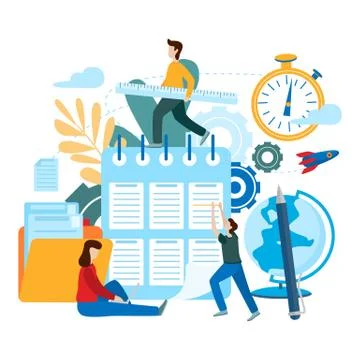 Tiny people search for new solutions, creative work. Conceptual flat vector i Stock Illustration
