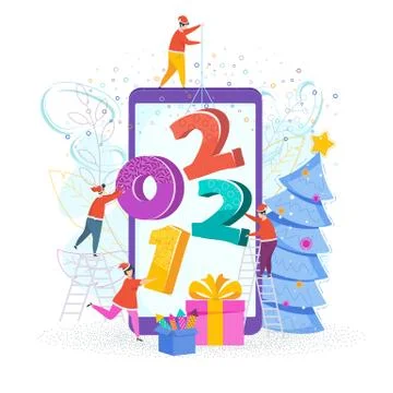 Tiny people set numbers 2021 on the screen of a mobile phone. Stock Illustration