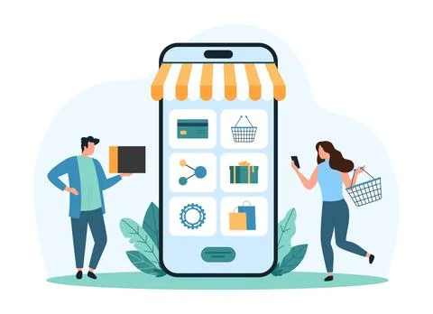 Tiny People Shopping on Mobile App イラスト素材